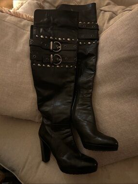 Stuart Weitzman Black Leather Over-the-Knee Boots with Studded Buckles NWOT